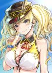  bandage_on_face bare_shoulders bikini_top blonde_hair breasts cleavage collar granblue_fantasy hat ice_cream_bar large_breasts long_hair looking_at_viewer monica_weisswind peaked_cap taiki_ken twintails upper_body 