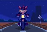  activision animated anthro clothing crash_bandicoot crash_bandicoot_(series) day eyewear fingerless_gloves footwear gloves handwear knockabiller male mammal marsupial motorcycle night sky smile solo spacecraft star starry_sky sun sunglasses sunset vehicle video_games 