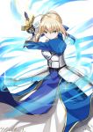  1girl a-senmei ahoge armor armored_dress artoria_pendragon_(all) blonde_hair braid breastplate breasts commentary_request dress energy energy_sword excalibur eyebrows_visible_through_hair fate/stay_night fate_(series) gauntlets green_eyes hair_ribbon highres long_hair looking_at_viewer medium_breasts puffy_sleeves ribbon saber short_hair solo sword v-shaped_eyebrows weapon 