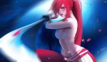  1girl artist_name breasts d-han erza_scarlet fairy_tail hair_over_one_eye highres long_hair medium_breasts midriff navel ponytail red_eyes red_hair red_lips sarashi signature solo sword tattoo weapon 