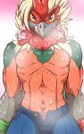  2019 abs anthro avian baraaya beak bird blue_eyes bodily_fluids chicken crest feathers fur galliform gallus_(genus) hair hi_res licking licking_lips looking_at_viewer male nipples pecs phasianid piercing red_feathers red_fur solo sweat tongue tongue_out wattle yellow_sclera zenmigawa 