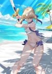  1girl a-senmei ahoge artoria_pendragon_(all) beach bikini blonde_hair blue_bow blush bow braid breasts commentary_request day excalibur fate/grand_order fate/stay_night fate_(series) green_eyes hair_ribbon highres holding holding_sword holding_weapon looking_at_viewer medium_breasts navel outdoors palm_tree ponytail ribbon saber short_hair solo sweatdrop swimsuit sword tree v-shaped_eyebrows weapon white_bikini 