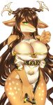  anthro areola bodily_fluids brown_fur brown_hair cernunnos_(full_bokko_heroes) clothed clothing female female_focus full_bokko_heroes_x fullbokko_heroes fur green_eyes hair hi_res horn jewelry kemono kimuchitei looking_at_viewer mammal nipples ruri_tsubame solo solo_focus wide_hips 