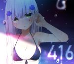  1girl arm_up armpits bare_arms bare_shoulders bikini black_bikini blurry breasts character_name cleavage collarbone cross_hair_ornament depth_of_field facial_mark front-tie_bikini front-tie_top girls_frontline green_eyes hair_ornament hair_tucking halter_top halterneck hk416_(girls_frontline) ichiki_1 long_hair looking_at_viewer medium_breasts parted_lips shade solo swimsuit upper_body water wet white_hair 