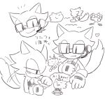  anthro belt birthday blush buke3jp cake canid canine canis custom_character_(sonic_forces) cute_fangs cutlery duo eating eulipotyphlan eyewear food glasses headgear headphones headset hedgehog japanese_text kitchen_utensils male mammal simple_background sitting sketch sketch_page smile sonic_(series) sonic_forces sonic_the_hedgehog spoon tailwag text tools white_background wolf 