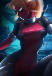  1girl absurdres alternate_hairstyle belt blonde_hair bodysuit breasts d-han highres lady_deadpool looking_to_the_side marvel mask medium_breasts ponytail profile signature solo superhero sword tree weapon 