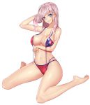  1girl absurdres american_flag_bikini arm_under_breasts bikini blue_eyes breast_hold breasts collarbone fate_(series) flag_print front-tie_bikini front-tie_top full_body hair_down highres kai_(pixiv12466647) long_hair looking_at_viewer medium_breasts miyamoto_musashi_(fate/grand_order) miyamoto_musashi_(swimsuit_berserker)_(fate) navel pink_hair simple_background sitting solo swimsuit untied untied_bikini wariza white_background 