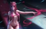  1girl absurdres artist_name breasts cowboy_shot d-han darling_in_the_franxx green_eyes hair_over_breasts hairband highres long_hair medium_breasts navel outstretched_arm panties pink_hair pink_lips red_horns red_panties signature solo underwear white_hairband zero_two_(darling_in_the_franxx) 