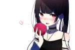  1girl apple armband bangs bare_shoulders black_choker black_hair black_shirt blush choker commentary_request food frown fruit heart highres holding holding_food holding_fruit ichiki_1 latin_cross long_hair looking_at_viewer nose_blush open_mouth original red_eyes shade shirt sidelocks simple_background sleeveless sleeveless_shirt solo tattoo twintails upper_body v-shaped_eyebrows white_background 