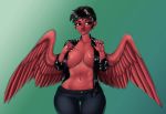  areola big_breasts bourbon._(artist) breasts circuit_breaker_(boltchaser) clothed clothing feathered_wings feathers female humanoid open_jacket solo standing wide_hips wings 