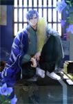  1boy blue_hair book_stack feather_boa floral_print flower full_body hanging_scroll highres indoors izumi_(stardustalone) japanese_clothes kimono looking_at_viewer magatama male_focus scroll sitting student_solver 