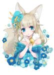 1girl animal_ear_fluff animal_ears azur_lane bangs bare_shoulders bell bell_collar blonde_hair blue_bow blue_eyes blue_flower blue_kimono blue_sash blunt_bangs bow breasts cleavage clenched_hands collar eyebrows_visible_through_hair flower fox_ears fox_tail fur_collar hair_flaps hair_flower hair_ornament hands_on_own_chest highres japanese_clothes jingle_bell kimono large_breasts long_hair long_sleeves looking_at_viewer niizuki_(azur_lane) parted_lips shichijou_natori sidelocks simple_background solo tail thick_eyebrows upper_body white_background wide_sleeves 