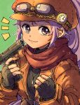  1girl arc_s0222 arc_the_lad clock closed_mouth commentary_request fingerless_gloves gloves gun handgun hat jewelry kukuru_(arc_the_lad) long_hair looking_at_viewer necklace purple_eyes purple_hair smile solo weapon 
