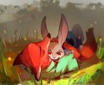  2016 anthro bite blood bodily_fluids canid canine claws digital_media_(artwork) disney duo eyes_closed female feral fox judy_hopps lagomorph leporid long_ears lying male mammal nick_wilde on_back outside rabbit red_eyes scratch snap teeth zootopia 悪果 