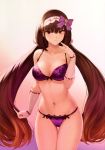  1girl absurdres bangs bare_shoulders belly black_hair blush bow bra breasts brown_hair cleavage collarbone detached_sleeves eyebrows_visible_through_hair fate/grand_order fate_(series) gradient gradient_background groin hair_between_eyes hair_ornament hairband hand_up highres lace lace-trimmed_panties lace_trim large_breasts lingerie long_hair looking_at_viewer low_twintails lowleg lowleg_panties mashuu_(neko_no_oyashiro) medium_breasts navel osakabe-hime_(fate/grand_order) panties purple_eyes ribbon-trimmed_bra ribbon-trimmed_panties scan sidelocks signature skindentation solo thighs twintails underwear very_long_hair 