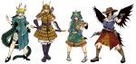  4girls animal_ears antlers aqua_shirt aqua_skirt armor arrow belt black_footwear black_hair black_sclera blonde_hair blue_hair blue_shirt boots breasts bridle brown_eyes bullet chain choker cleavage collarbone commentary_request cow_girl cowboy_boots cowboy_hat doll_joints dragon_tail dual_wielding eyeliner facial_mark facial_tattoo feet_together full_body gun hair_over_one_eye handgun haniyasushin_keiki hat helmet high_heels highres holding holster hood horse_tail japanese_armor joutouguu_mayumi kicchou_yachie kote kurokoma_saki kurokote lamellar_armor large_breasts leather leather_boots lipstick looking_at_viewer magatama magatama_necklace makeup multicolored multicolored_clothes multicolored_skirt multiple_girls off_shoulder orange_eyes pants parted_lips pegasus pegasus_wings pigeon-toed pouch purple_eyes quiver red_eyes red_skirt revolver rope ryuuichi_(f_dragon) sandals scabbard scales scar scarf sheath shell shirt short_hair shoulder_armor shoulder_strap side_slit simple_background skirt smile spaulders spiked_shell spurs standing strap suneate sword tail tattoo thigh_strap touhou tunic unsheathing weapon white_background white_pants white_sleeves wily_beast_and_weakest_creature wings wood_carving_tool yellow_skirt 