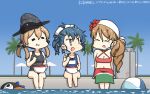  3girls anchor_hair_ornament ball bandana beach_umbrella beachball bikini black_swimsuit blonde_hair blue_hair blue_sky blue_swimsuit bowl breasts brown_eyes brown_hair chopsticks cleavage closed_eyes commentary_request dated day eating eyebrows_visible_through_hair fate/grand_order fate_(series) flower fukae_(kantai_collection) full_body gradient_hair grey_headwear hair_flower hair_ornament hamu_koutarou hat highres inflatable_toy italia_(kantai_collection) kantai_collection large_breasts littorio_(kantai_collection) long_hair meltryllis meltryllis_(swimsuit_lancer)_(fate) multicolored_hair multiple_girls name_tag one-piece_swimsuit outdoors palm_tree peaked_cap poolside prinz_eugen_(kantai_collection) red_bikini remodel_(kantai_collection) sarong school_swimsuit short_hair side_ponytail sidelocks sitting sky soaking_feet swimsuit tree tsurime twintails umbrella water white_headwear x_navel 