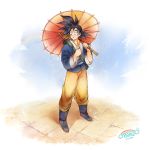  1boy ayo_(isy8800) blue_footwear boots character_name chinese_clothes cloud dated dragon_ball dragon_ball_z eating full_body male_focus oriental_umbrella power_pole puddle rain rainbow solo son_gokuu umbrella 
