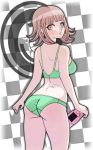  1girl :o ass bangs bare_arms bare_shoulders black-rayal black_background blush bra checkered checkered_background commentary danganronpa english_commentary eyebrows_visible_through_hair flipped_hair from_behind green_bra green_panties hair_ornament highres holding holding_handheld_game_console light_brown_hair looking_at_viewer nanami_chiaki panties pink_eyes short_hair simple_background solo super_danganronpa_2 underwear white_background 