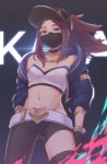  1girl akali baseball_cap belt black_gloves black_legwear blood breasts choker cleavage collarbone commentary gloves haiyun half-closed_eyes hat heart highres jacket jewelry k/da_(league_of_legends) k/da_akali league_of_legends long_hair looking_at_viewer mask medium_breasts midriff navel open_clothes open_jacket ponytail single_thighhigh solo thighhighs white_belt 