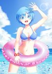  1girl :d arm_up bangs bikini blacky_xiii blue_bikini blue_eyes blue_hair blue_nails blue_sky bracelet breasts cleavage cloud collarbone day eyes_visible_through_hair front-tie_bikini front-tie_top groin hair_between_eyes hair_ornament hair_over_one_eye head_tilt innertube jewelry lens_flare looking_at_viewer medium_breasts nail_polish navel ocean open_mouth outdoors outstretched_hand re:zero_kara_hajimeru_isekai_seikatsu rem_(re:zero) ribbon shiny shiny_hair short_hair sky smile solo swimsuit wading white_ribbon x_hair_ornament 