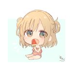  1girl :o bangs bare_arms bare_shoulders barefoot big_head blue_background blush brown_eyes brown_hair chibi eyebrows_visible_through_hair fang food full_body hair_between_eyes highres holding holding_food looking_at_viewer multicolored_hair notice_lines open_mouth original pink_swimsuit popsicle signature sitting sofra solo strapless strapless_swimsuit swimsuit two-tone_hair two_side_up watermelon_bar white_background 