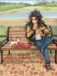  1boy ayo_(isy8800) bench black_hair blue_sky building casual cat cn_tower crossed_legs denim dragon_ball dragon_ball_gt eating food food_on_face jacket jeans lake long_hair male_focus monkey_tail pants park park_bench shoes sky skyscraper sneakers solo son_gokuu tail tree yellow_eyes 