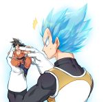  2boys armor ayo_(isy8800) black_eyes black_hair blue_eyes blue_footwear blue_hair cheek_poking dougi dragon_ball dragon_ball_super gloves male_focus miniboy multiple_boys muscle one_eye_closed poking son_gokuu super_saiyan_blue sweatdrop vegeta white_gloves 