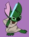  2014 4_fingers 4_toes absurd_res alien black_eyes clothed clothing digital_drawing_(artwork) digital_media_(artwork) disney duckboy experiment_(lilo_and_stitch) fingers flat_colors fur green_fur green_nose head_tuft hi_res holding_object holding_weapon lightsaber lilo_and_stitch notched_ear parody purple_background robe simple_background solo star_wars stitch_(lilo_and_stitch) toes tuft weapon yoda 