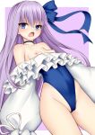  1girl bare_shoulders black_choker blue_ribbon breasts casual_one-piece_swimsuit choker collarbone eyebrows_visible_through_hair fate/grand_order fate_(series) hair_ribbon highleg highleg_swimsuit long_hair long_sleeves looking_at_viewer meltryllis nipples one-piece_swimsuit open_mouth purple_background purple_hair ribbon sleeves_past_wrists small_breasts solo swimsuit toshishikisai 