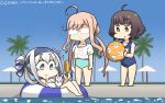  3girls ahoge aqua_swimsuit ball bangs beach_umbrella beachball bikini blue_eyes blue_sky blue_swimsuit blunt_bangs brown_eyes brown_hair bunny casual_one-piece_swimsuit commentary_request corn dated day double_bun folded_ponytail full_body glasses gradient_sky hair_bun hamu_koutarou headband highres innertube kamoi_(kantai_collection) kantai_collection kishinami_(kantai_collection) makigumo_(kantai_collection) multiple_girls one-piece_swimsuit opaque_glasses outdoors palm_tree pink_hair poolside school_swimsuit shirt short_hair sidelocks sky swimsuit thick_eyebrows tied_shirt tree twintails umbrella water wavy_hair white_bikini white_hair white_shirt 