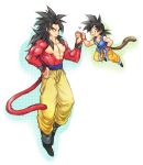  2boys ayo_(isy8800) black_hair dougi dragon_ball dragon_ball_gt dual_persona fist_bump hand_on_hip long_hair male_focus monkey_tail multiple_boys open_mouth smile son_gokuu super_saiyan_4 tail wristband yellow_eyes 