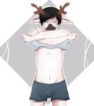  anthro antlers blue_eyes boxer_briefs bulge capreoline cervid clothing girly hair hi_res horn male mammal roe_deer sascha_gr&uuml;newald shirt solo standing tank_top topwear underwear undressing walllie 