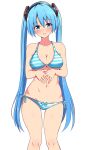  1girl bangs bare_arms bare_shoulders baretto_(karasi07) bikini black_hairband blue_bikini blue_eyes blue_hair blush breasts cleavage collarbone eyebrows_visible_through_hair feet_out_of_frame hair_ornament hairband hatsune_miku highres long_hair looking_at_viewer multiple_girls navel own_hands_together parted_lips ribbon side-tie_bikini simple_background solo standing stomach striped striped_bikini swimsuit twintails underboob very_long_hair vocaloid white_background 