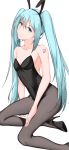  1girl 2757956654 animal_ears black_footwear black_hairband black_legwear black_leotard blue_eyes blue_hair breasts bunny_ears bunny_girl bunnysuit cleavage closed_mouth collarbone fake_animal_ears hair_between_eyes hairband hand_on_lap hatsune_miku head_tilt high_heels highres leotard long_hair looking_at_viewer number pantyhose pumps shiny shiny_hair sideboob simple_background sitting small_breasts solo striped_leotard tattoo twintails very_long_hair vocaloid white_background 