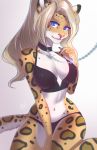  2019 5_fingers anthro ariannafray_pr blonde_hair blue_eyes breasts chain clothed clothing digital_media_(artwork) eyebrows eyelashes felid female fingers fur hair hi_res leopard looking_at_viewer mammal midriff navel pantherine simple_background smile solo spots spotted_fur white_background 