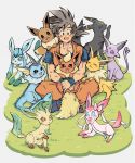  aqua_eyes ayo_(isy8800) black_eyes black_hair blue_eyes blue_footwear boots brown_eyes crossover dougi dragon_ball dragon_ball_z eevee espeon flareon gen_1_pokemon gen_2_pokemon gen_4_pokemon gen_6_pokemon glaceon grass indian_style jolteon leafeon muscle open_mouth orange_eyes pokemon pokemon_(creature) purple_eyes sitting smile son_gokuu sylveon umbreon vaporeon wristband 