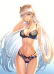  1girl absurdres anastasia_(fate/grand_order) arm_at_side bangs bare_shoulders blue_bra blue_eyes blue_panties blush bra breasts choker collarbone contrapposto cowboy_shot eyebrows_visible_through_hair fate/grand_order fate_(series) gradient gradient_background groin hair_between_eyes hair_over_one_eye hairband hand_on_own_face highres lingerie long_hair looking_at_viewer mashuu_(neko_no_oyashiro) medium_breasts multi-strapped_panties navel panties parted_lips ribbon-trimmed_bra ribbon-trimmed_panties scan silver_hair skindentation smile solo stomach thigh_gap thighs topaz_(gemstone) underwear very_long_hair 