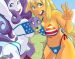  applejack_(mlp) between_breasts big_breasts bikini blue_eyes blush breast_squish breasts cleavage clothed clothing female flag_bikini friendship_is_magic gesture green_eyes group hand_behind_back male male/female my_little_pony open_mouth open_smile outside rarity_(mlp) selfie smile spike_(mlp) squish swimwear the-unicorn-lord v_sign 