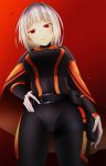  1girl ass_visible_through_thighs bangs belt belt_pouch black_belt black_bodysuit bodysuit breasts cameltoe cape covered_navel cowboy_shot gradient gradient_background hair_intakes hand_on_hip highres legs_apart lobotomy_corporation long_sleeves looking_at_viewer medium_breasts myo_(lobotomy_corporation) nidaime_(doronbo) open_mouth orange_cape pouch red_background red_eyes short_hair solo thigh_strap turtleneck white_hair 