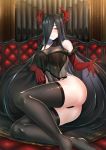  1girl ass azur_lane bangs bare_shoulders black_hair black_legwear blush breasts cleavage closed_mouth commentary_request eba_uenihane elbow_gloves friedrich_der_grosse_(azur_lane) gloves hair_over_one_eye highres horns indoors jewelry large_breasts lingerie lips long_hair looking_at_viewer no_shoes reaching_out reclining red_gloves red_horns ring shiny shiny_skin smile solo thighhighs thighs underwear very_long_hair wedding_band yellow_eyes 