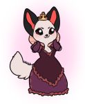  anthro breasts canid canine chibi cleavage clothed clothing crown cute_fangs dress elizabethan_collar female fox fur gloves hands_on_cheeks handwear hi_res mammal nakhta noyii queen royalty smile solo white_fur 