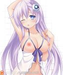  1girl ;o arm_up armpits babydoll bangs bare_shoulders blue_eyes blush breasts bright_pupils choujigen_game_neptune commentary english_commentary eyebrows_visible_through_hair gabriel_grayford hair_ornament highres large_breasts long_hair looking_at_viewer navel nepgear neptune_(series) nippleless_clothes nipples one_eye_closed parted_lips patreon_username purple_hair purple_ribbon purple_sister ribbon solo underwear underwear_only upper_body very_long_hair 