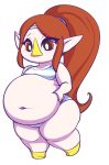  accessory animal_humanoid avian avian_humanoid beak belly big_belly blush bra breasts brown_hair clothing deep_navel female hair headband hi_res holding_belly huge_thighs humanoid humanoid_pointy_ears medli navel nintendo nose_beak obese obese_female overweight overweight_female ponytail princecoffeecakes red_eyes rito short_stack small_breasts solo the_legend_of_zelda thick_thighs underwear video_games wide_hips wind_waker 