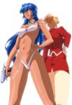  2girls agent_aika aika_(series) back-to-back bangs bare_arms bare_legs bare_shoulders blue_hair breasts brooch brown_hair closed_mouth collarbone commentary_request covered_nipples detached_collar dual_persona earrings eyebrows_visible_through_hair folded_ponytail gun hand_on_hip handgun holding holding_gun holding_weapon jacket jewelry large_breasts lipstick long_hair makeup multiple_girls navel nicoseiga1906070 panties panty_peek pencil_skirt pistol ponytail red_jacket red_lips red_skirt shivie_aika skirt standing sumeragi_aika tan thighs transformation underboob underwear weapon white_background white_panties yellow_eyes 