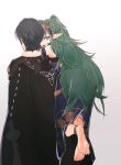  1boy 1girl barefoot black_cape blue_hair byleth_(fire_emblem) byleth_(fire_emblem)_(male) cape fire_emblem fire_emblem:_three_houses from_behind green_eyes green_hair grey_background hair_ornament long_hair looking_back manakete pointy_ears short_hair simple_background sothis_(fire_emblem) tgq8j tiara 