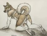  2019 4_toes anthro balls black_nose black_pawpads canid canine canis domestic_dog fur headphones kneeling male mammal pawpads penis rukis solo toes traditional_media_(artwork) white_fur 