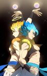 2boys abs arm_at_side arm_up attack back-to-back bangs blonde_hair blue_eyes blue_hair commentary dark_background dragon_ball dragon_ball_super_broly dragon_ball_z dual_persona energy_ball english_commentary fingernails glowing gogeta green_eyes libeuo_(liveolivel) light_particles looking_away multiple_boys muscle outstretched_arm pants parted_lips profile shaded_face shirtless smile sparkle sparkle_background spiked_hair stardust_breaker super_saiyan super_saiyan_blue waistcoat white_pants wristband 