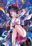  1girl arm_up armpits bangle bare_arms bare_shoulders bikini blue_eyes bracelet breasts brown_hair collarbone commentary_request fate/grand_order fate_(series) floating_hair floral_print glint hair_ornament holding holding_sword holding_weapon jewelry katana katsushika_hokusai_(fate/grand_order) katsushika_hokusai_(swimsuit_saber)_(fate) long_hair looking_at_viewer medium_breasts octopus open_mouth platform_footwear swimsuit sword thigh_strap tokitarou_(fate/grand_order) water weapon white_bikini yamyom 