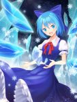  1girl :d arms_up black_background blue_dress blue_eyes blue_hair blush bow chinese_commentary cirno commentary_request dress hair_between_eyes hair_bow head_tilt ice ice_background ice_wings leaning_back looking_at_viewer midriff_peek mixed-language_commentary neck_ribbon open_mouth partial_commentary petticoat pinafore_dress puffy_short_sleeves puffy_sleeves red_neckwear ribbon shirt short_hair short_sleeves smile snowflakes solo touhou white_shirt wings z.o.b 